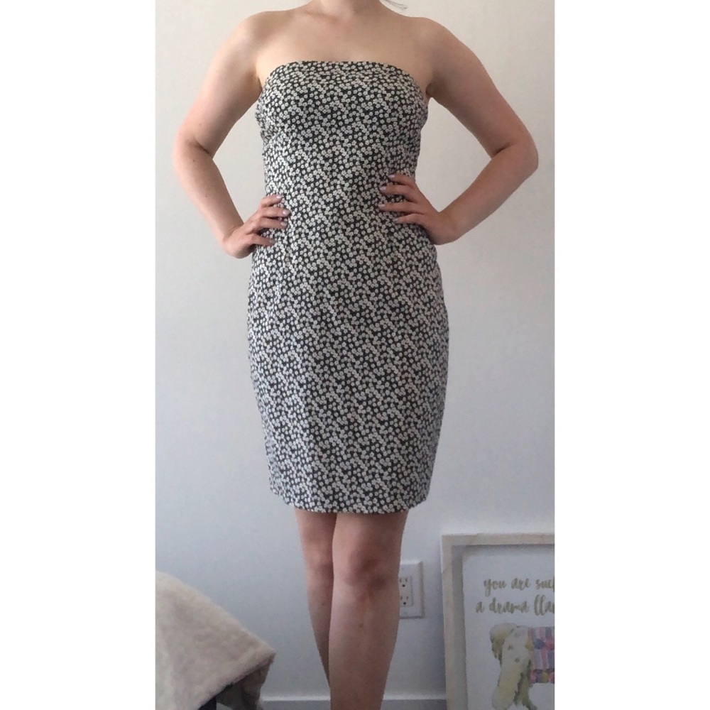 NWT Le Chateau strapless dress floral pattern grey mini short cotton stretch M S